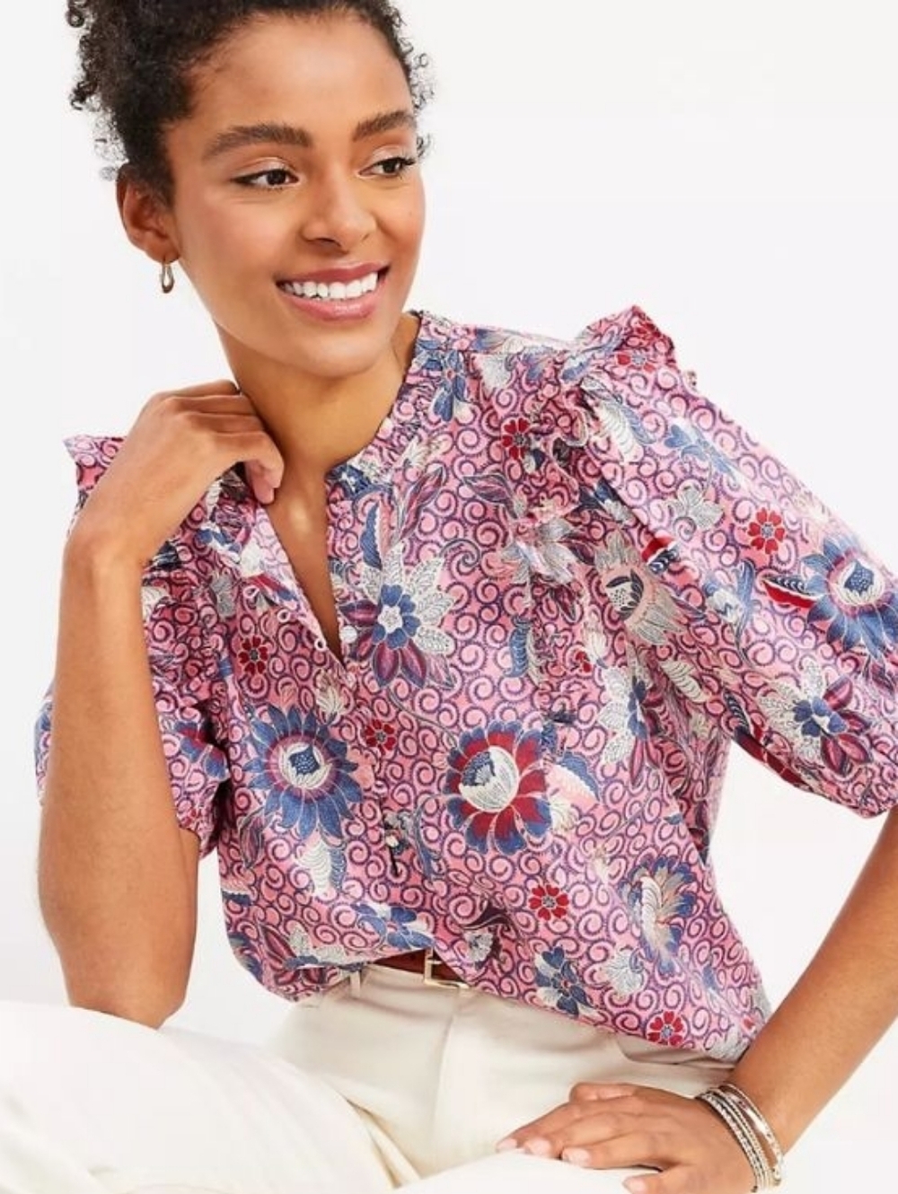 Floral Pink Puff-Sleeve Blouse